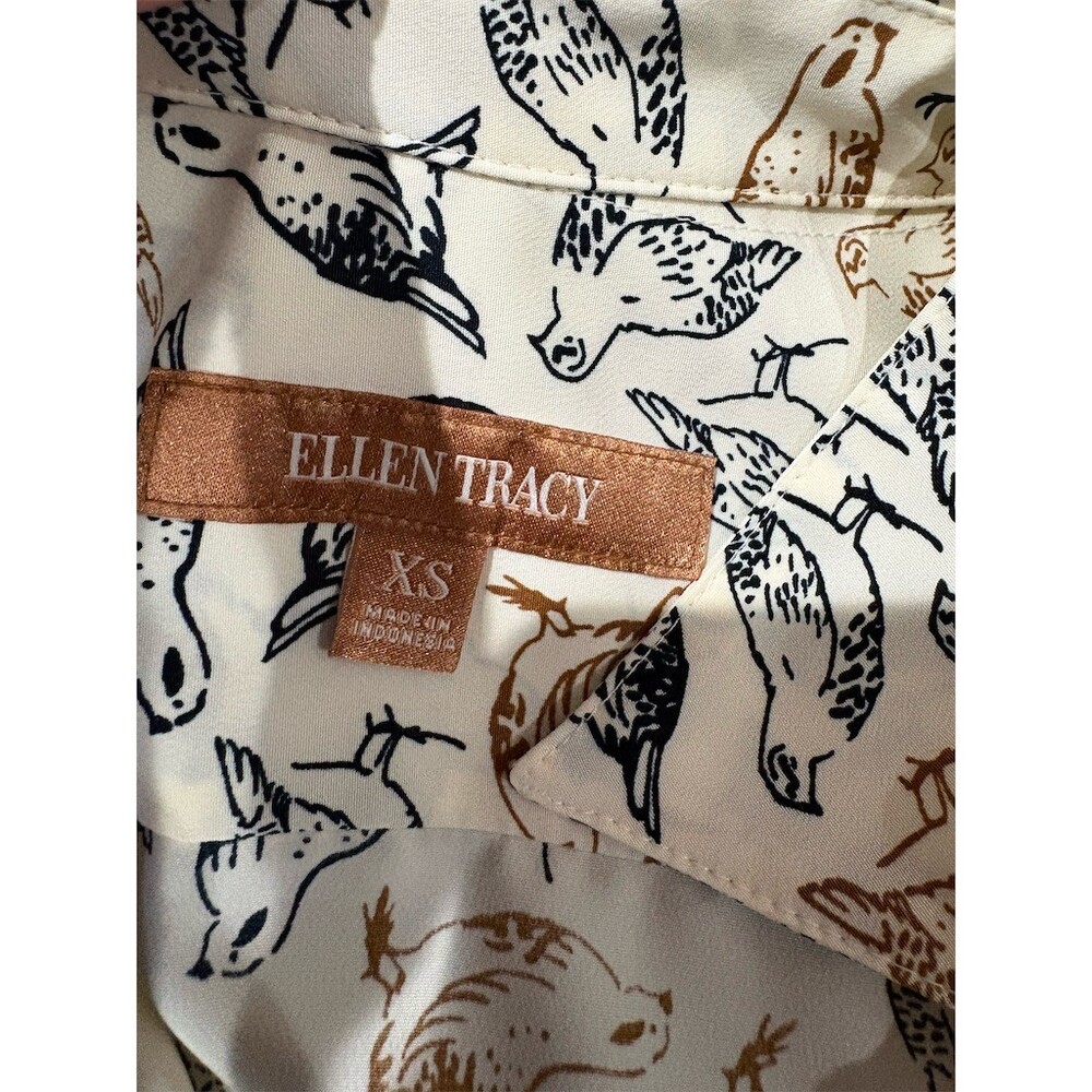 Ellen Tracy Button-Up Blouse Womens XS Ivory Bird Print Oversized Long - Picture 6 of 8